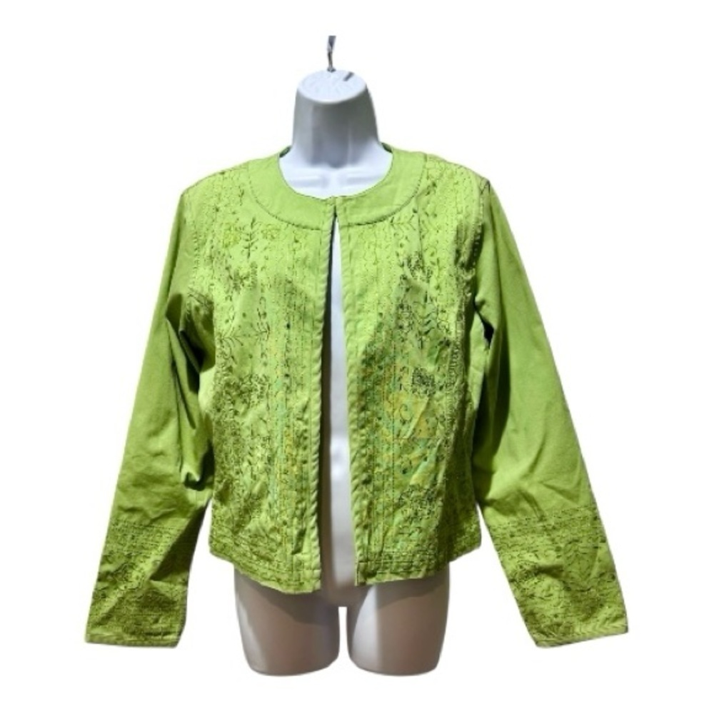 Chico’s Lime Green Embroidered Cropped Jacket Sequin Floral Textured M